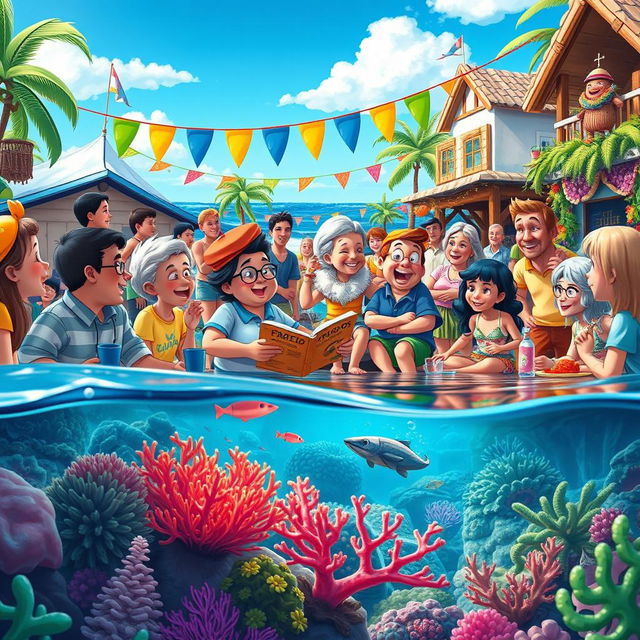 A vibrant and lively scene depicting a coastal town celebration at the coral reef