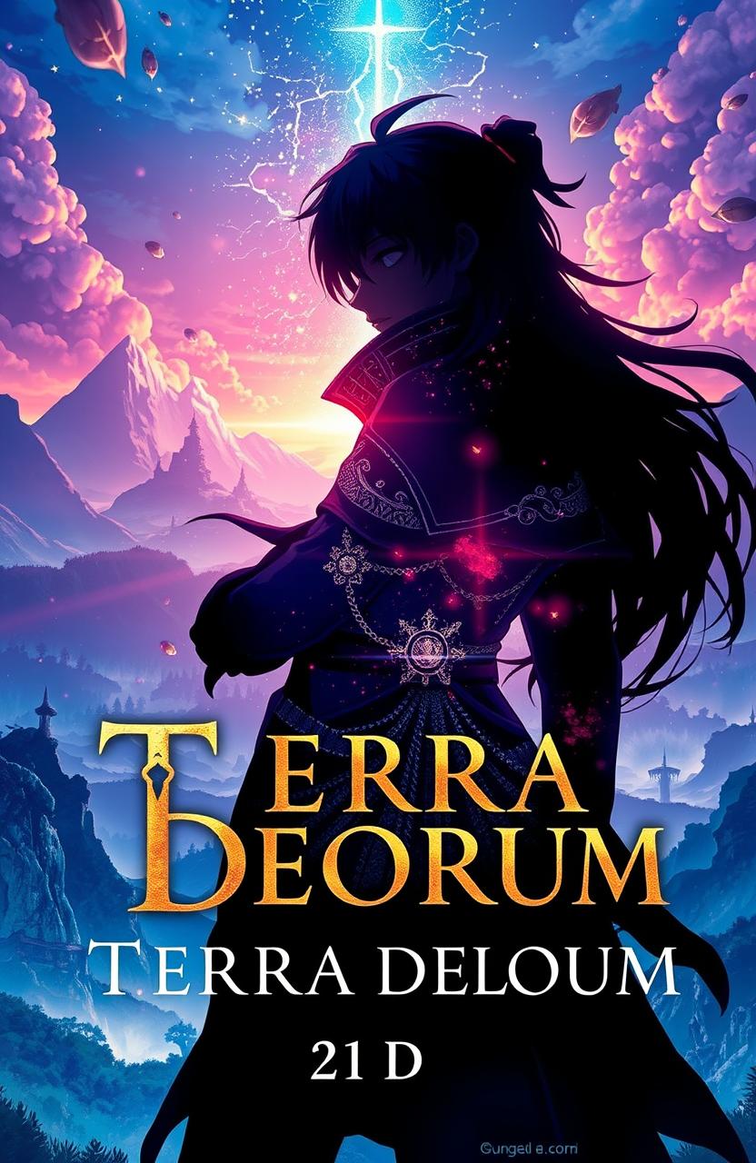 A stunning light novel cover design for 'Terra Deorum', featuring an enchanting silhouette of the main character set against a vibrant fantasy landscape