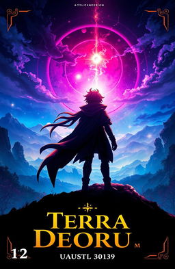 A stunning light novel cover design for 'Terra Deorum', featuring an enchanting silhouette of the main character set against a vibrant fantasy landscape
