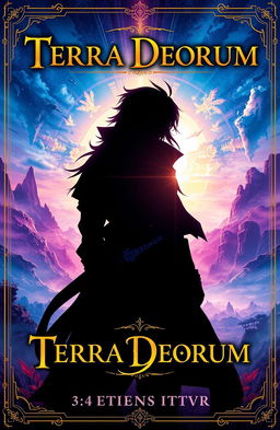 A stunning light novel cover design for 'Terra Deorum', featuring an enchanting silhouette of the main character set against a vibrant fantasy landscape