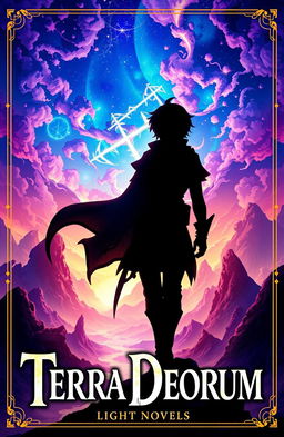 A stunning light novel cover design for 'Terra Deorum', featuring an enchanting silhouette of the main character set against a vibrant fantasy landscape
