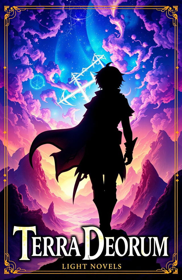 A stunning light novel cover design for 'Terra Deorum', featuring an enchanting silhouette of the main character set against a vibrant fantasy landscape