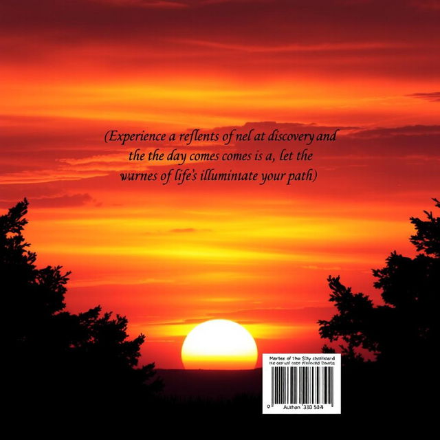 A stunning back cover design for a book featuring a beautiful sunset as the central element