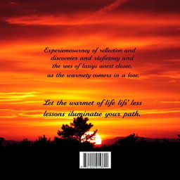 A stunning back cover design for a book featuring a beautiful sunset as the central element