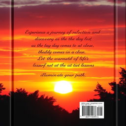 A stunning back cover design for a book featuring a beautiful sunset as the central element