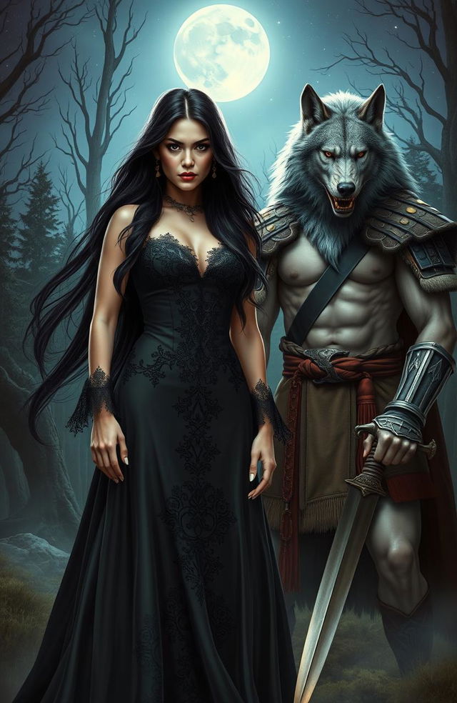 A dramatic and captivating scene featuring a striking female vampire with long flowing dark hair, dressed in an elegant gothic dress with intricate lace details, standing confidently next to a fierce female werewolf with silver fur and a primal expression, showcasing her sharp claws and muscular physique