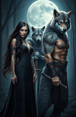 A dramatic and captivating scene featuring a striking female vampire with long flowing dark hair, dressed in an elegant gothic dress with intricate lace details, standing confidently next to a fierce female werewolf with silver fur and a primal expression, showcasing her sharp claws and muscular physique