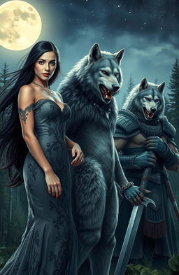 A dramatic and captivating scene featuring a striking female vampire with long flowing dark hair, dressed in an elegant gothic dress with intricate lace details, standing confidently next to a fierce female werewolf with silver fur and a primal expression, showcasing her sharp claws and muscular physique