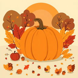 A charming illustration featuring a cozy Thanksgiving scene with a large, plump pumpkin as the focal point, surrounded by a colorful assortment of autumn leaves in shades of orange, red, and gold