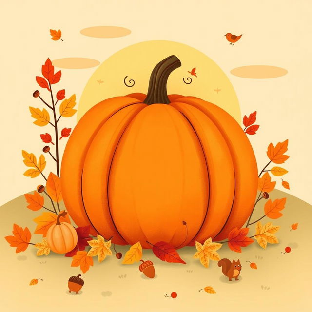 A charming illustration featuring a cozy Thanksgiving scene with a large, plump pumpkin as the focal point, surrounded by a colorful assortment of autumn leaves in shades of orange, red, and gold