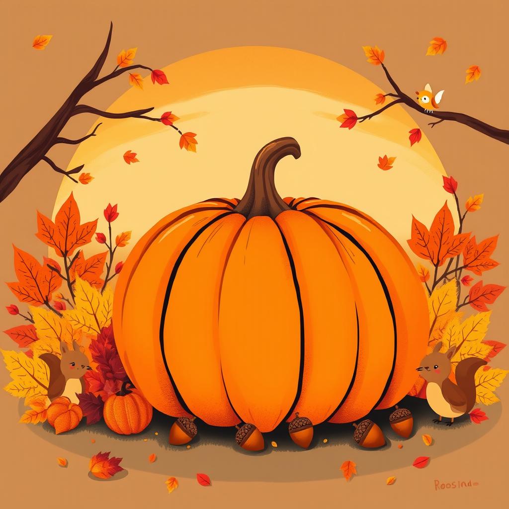 A charming illustration featuring a cozy Thanksgiving scene with a large, plump pumpkin as the focal point, surrounded by a colorful assortment of autumn leaves in shades of orange, red, and gold