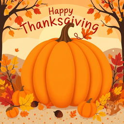 A charming illustration featuring a cozy Thanksgiving scene with a large, plump pumpkin as the focal point, surrounded by a colorful assortment of autumn leaves in shades of orange, red, and gold