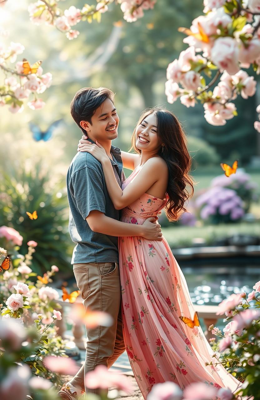 A romantic scene featuring a young couple embracing closely in a lush outdoor setting, surrounded by blooming flowers and gentle sunlight filtering through the trees