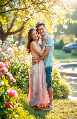A romantic scene featuring a young couple embracing closely in a lush outdoor setting, surrounded by blooming flowers and gentle sunlight filtering through the trees