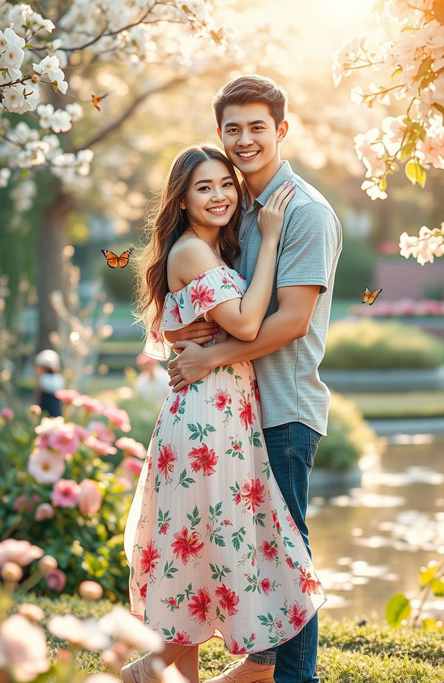 A romantic scene featuring a young couple embracing closely in a lush outdoor setting, surrounded by blooming flowers and gentle sunlight filtering through the trees