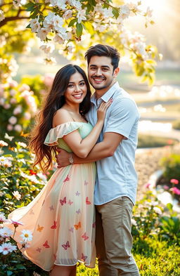 A romantic scene featuring a young couple embracing closely in a lush outdoor setting, surrounded by blooming flowers and gentle sunlight filtering through the trees