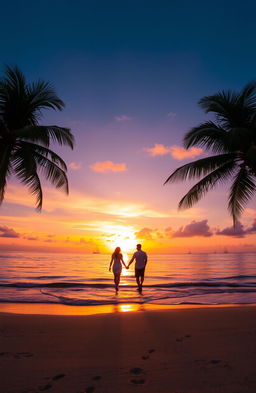 A breathtaking sunset over a tranquil beach, where gentle waves lap against the shore, reflecting vibrant shades of orange, pink, and purple