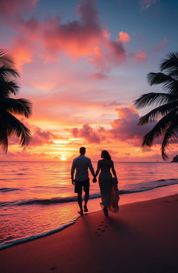 A breathtaking sunset over a tranquil beach, where gentle waves lap against the shore, reflecting vibrant shades of orange, pink, and purple