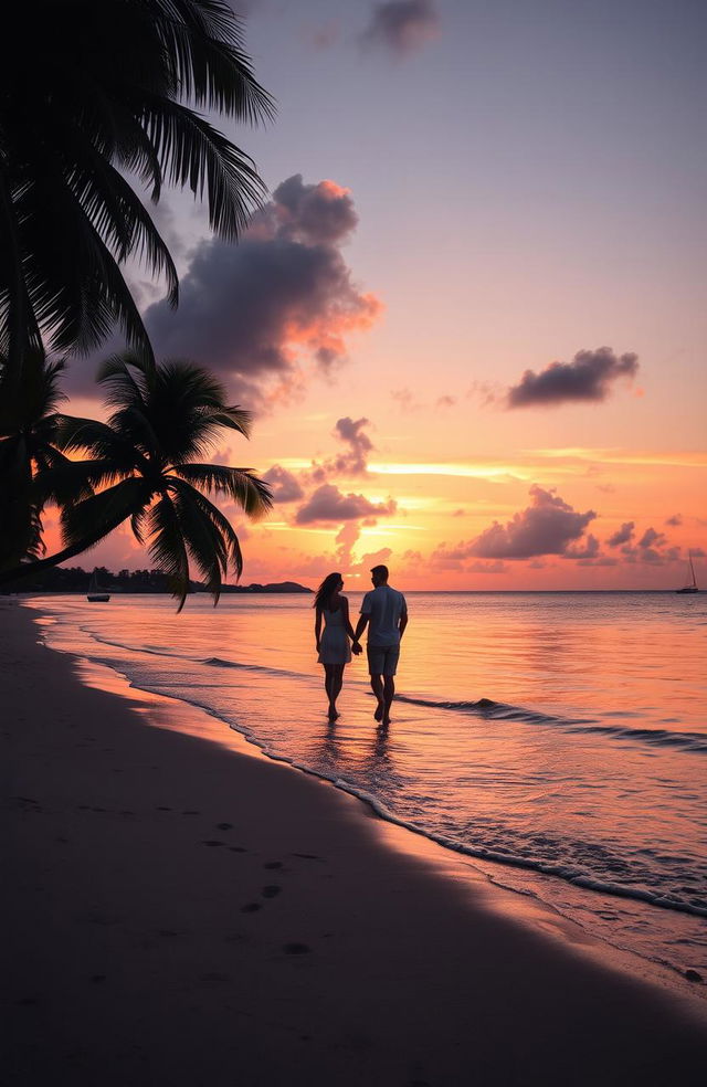 A breathtaking sunset over a tranquil beach, where gentle waves lap against the shore, reflecting vibrant shades of orange, pink, and purple