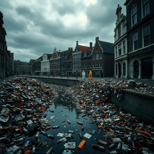 A dystopian scene featuring the city of Den Bosch covered in waste, with piles of garbage strewn across its historic streets