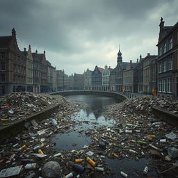 A dystopian scene featuring the city of Den Bosch covered in waste, with piles of garbage strewn across its historic streets