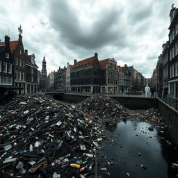 A dystopian scene featuring the city of Den Bosch covered in waste, with piles of garbage strewn across its historic streets
