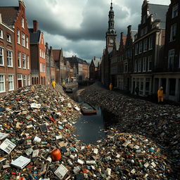 A dystopian scene featuring the city of Den Bosch covered in waste, with piles of garbage strewn across its historic streets
