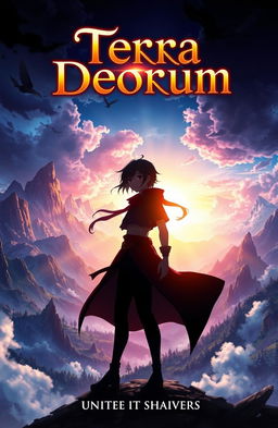 A captivating light novel cover for 'Terra Deorum', featuring a striking silhouette of the main character poised dramatically against a breathtaking fantasy world backdrop