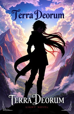 A captivating light novel cover for 'Terra Deorum', featuring a striking silhouette of the main character poised dramatically against a breathtaking fantasy world backdrop