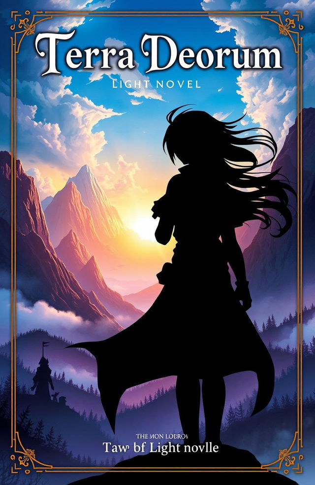 A captivating light novel cover for 'Terra Deorum', featuring a striking silhouette of the main character poised dramatically against a breathtaking fantasy world backdrop