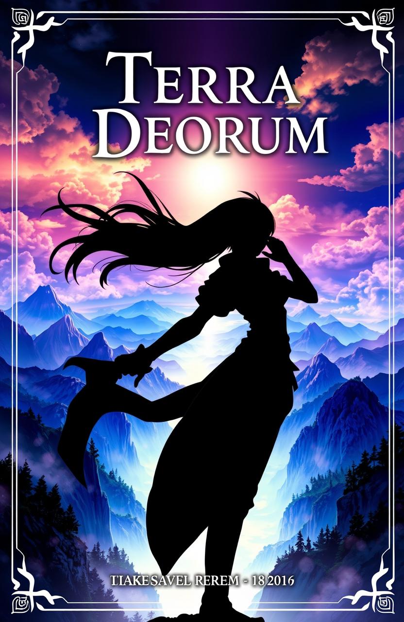 A captivating light novel cover for 'Terra Deorum', featuring a striking silhouette of the main character poised dramatically against a breathtaking fantasy world backdrop