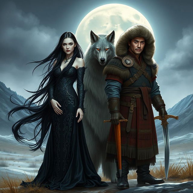 An engaging scene featuring a captivating female vampire with long flowing black hair, elegantly dressed in a dark, intricately designed gown, standing beside a strong female werewolf with striking silver fur and glowing eyes, displaying her powerful stance