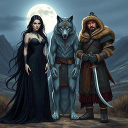 An engaging scene featuring a captivating female vampire with long flowing black hair, elegantly dressed in a dark, intricately designed gown, standing beside a strong female werewolf with striking silver fur and glowing eyes, displaying her powerful stance