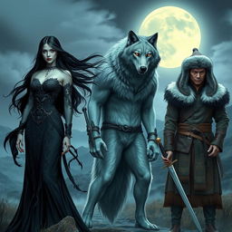 An engaging scene featuring a captivating female vampire with long flowing black hair, elegantly dressed in a dark, intricately designed gown, standing beside a strong female werewolf with striking silver fur and glowing eyes, displaying her powerful stance