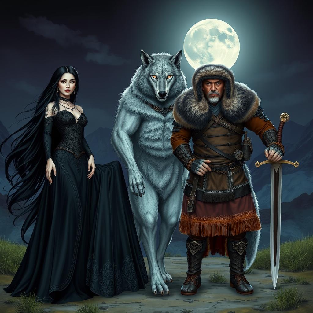 An engaging scene featuring a captivating female vampire with long flowing black hair, elegantly dressed in a dark, intricately designed gown, standing beside a strong female werewolf with striking silver fur and glowing eyes, displaying her powerful stance