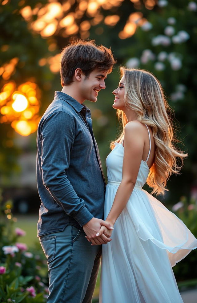 A romantic scene of a young couple sharing a tender moment, standing close together in a softly lit park during sunset