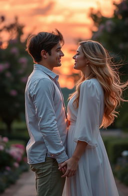 A romantic scene of a young couple sharing a tender moment, standing close together in a softly lit park during sunset