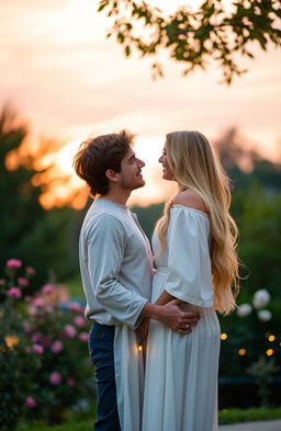 A romantic scene of a young couple sharing a tender moment, standing close together in a softly lit park during sunset