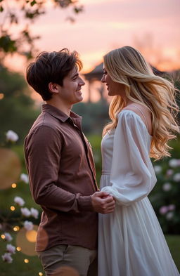 A romantic scene of a young couple sharing a tender moment, standing close together in a softly lit park during sunset