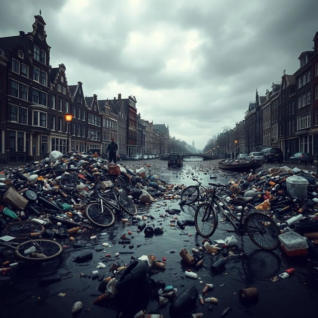 A strikingly grim scene depicting the city of Amsterdam engulfed in waste, with its iconic canals filled with floating debris and garbage