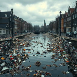 A strikingly grim scene depicting the city of Amsterdam engulfed in waste, with its iconic canals filled with floating debris and garbage