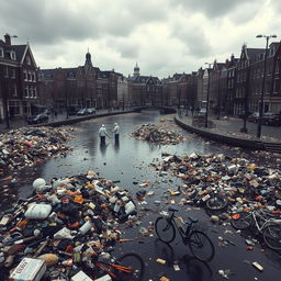 A strikingly grim scene depicting the city of Amsterdam engulfed in waste, with its iconic canals filled with floating debris and garbage