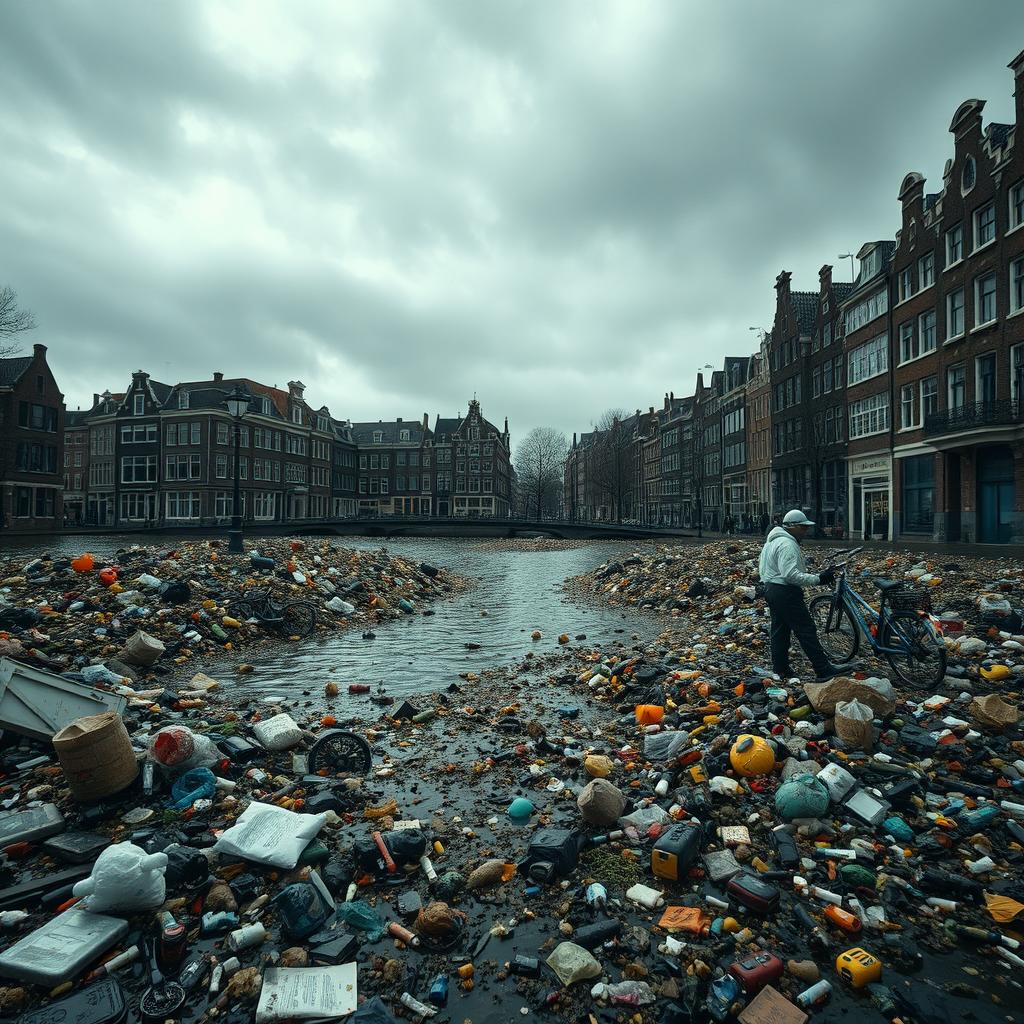 A strikingly grim scene depicting the city of Amsterdam engulfed in waste, with its iconic canals filled with floating debris and garbage