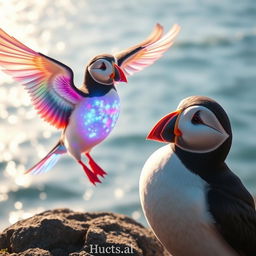 A dazzling magical bird with glowing, colorful feathers lands next to Pip the puffin