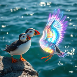 A dazzling magical bird with glowing, colorful feathers lands next to Pip the puffin
