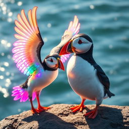 A dazzling magical bird with glowing, colorful feathers lands next to Pip the puffin