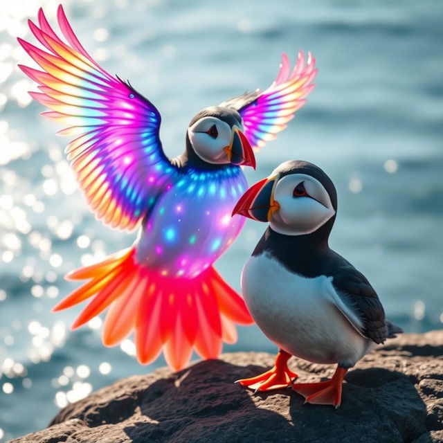 A dazzling magical bird with glowing, colorful feathers lands next to Pip the puffin