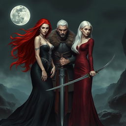 A thrilling scene featuring two stunning female vampires, one with flowing red hair and a long, elegant black dress adorned with silver accents, and the other with sleek platinum blonde hair wearing a deep crimson gown with intricate patterns