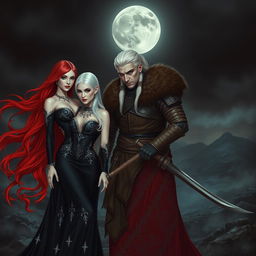 A thrilling scene featuring two stunning female vampires, one with flowing red hair and a long, elegant black dress adorned with silver accents, and the other with sleek platinum blonde hair wearing a deep crimson gown with intricate patterns