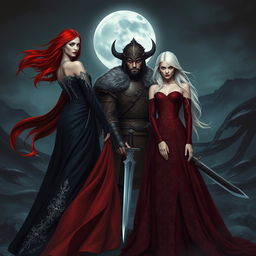 A thrilling scene featuring two stunning female vampires, one with flowing red hair and a long, elegant black dress adorned with silver accents, and the other with sleek platinum blonde hair wearing a deep crimson gown with intricate patterns